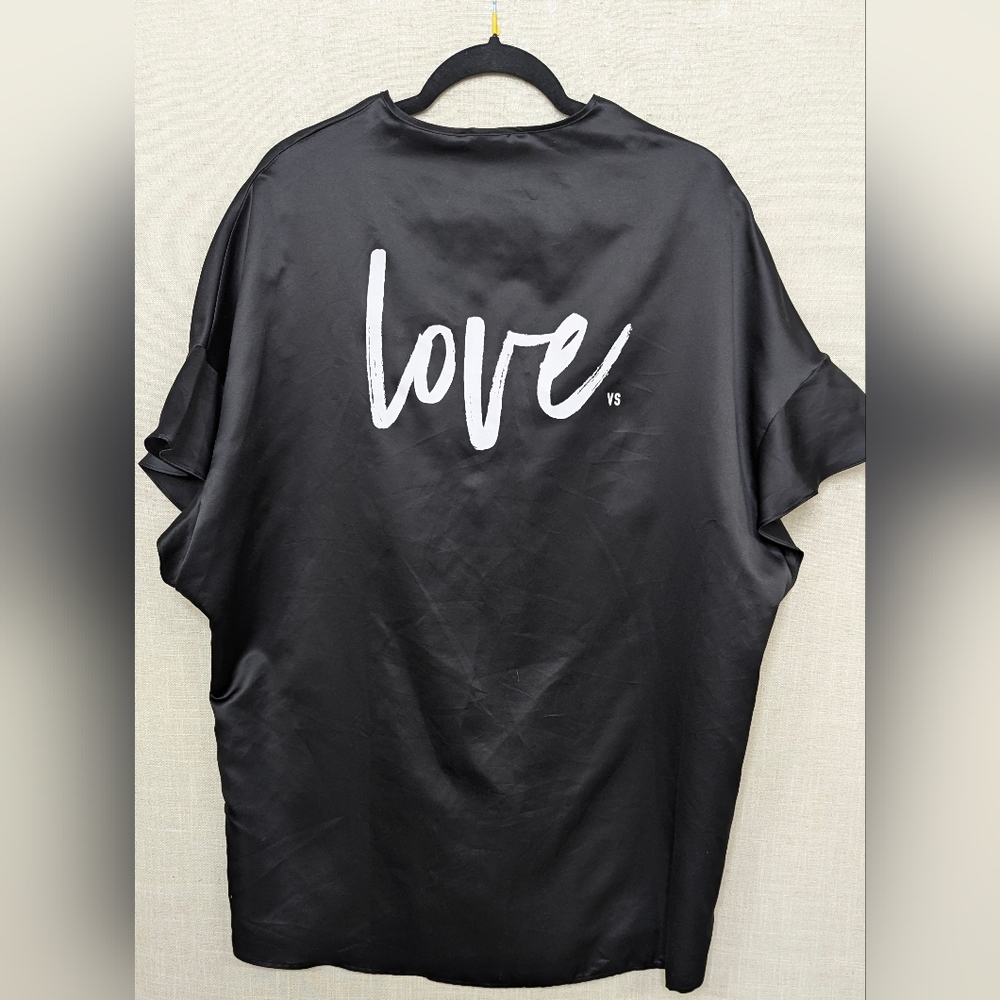 Victoria's Secret Black Satin "LOVE" Kimono Robe - Ruffle Flounce Sleeve - OS